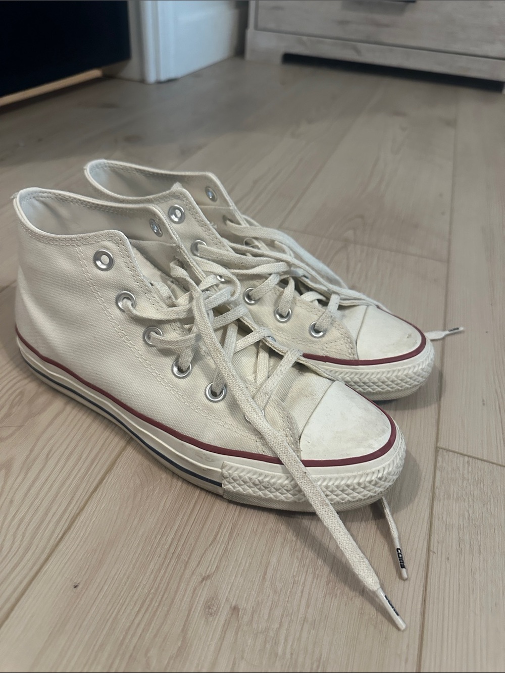 Converse Cons Canvas High-Top Sneakers in Off-White with Red Stripe
